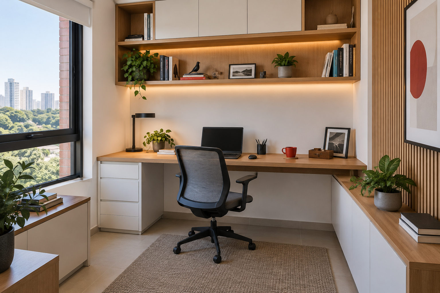 Home office planejado com mesa e prateleiras